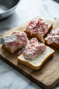 A close-up shot of a wooden cutting board on the white marble cooktop, as the creamy strawberry mixture is evenly spread over half of the flattened bread slices with a butter knife. The remaining slices are carefully placed on top to form neatly sealed sandwiches.