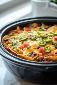 A close-up shot of the slow cooker on the white marble cooktop, with the lid removed, revealing the bubbling, golden casserole. A hand is sprinkling the remaining shredded Mexican blend cheese on top, ready to melt into a gooey, cheesy layer for the final touch.