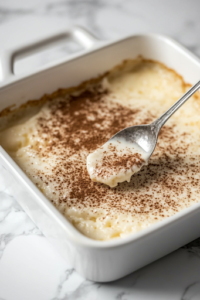 A small bowl on the white marble cooktop containing a sugar and cinnamon mixture. A spoon is sprinkling the blend over the batter in the baking dish, adding a caramelized, spiced crust as it bakes.