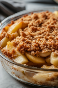 A close-up shot of hands generously sprinkling the buttery crumb topping over the apple filling. The texture looks chunky and golden, contrasting with the spiced apple slices underneath.