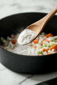 A wooden spoon sprinkles three tablespoons of flour over the sautéed vegetables in the black pot. The flour lightly coats the mixture, ready to create a thick and hearty base for the stew.