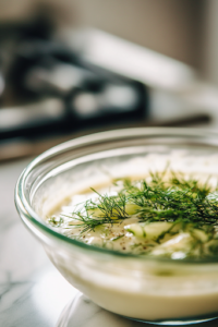 Fresh dill is being sprinkled over the cucumber salad in a glass bowl on the white marble cooktop. The finely chopped herbs add a vibrant green contrast against the creamy dressing, enhancing the dish's aroma and presentation.