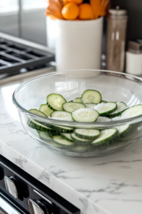 A close-up view of a large glass mixing bowl on a white marble cooktop filled with sliced cucumbers. A hand is sprinkling salt over them, helping to draw out excess moisture while enhancing their texture and flavor.
