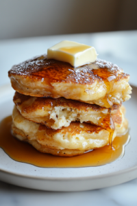 A close-up of a stack of fluffy buttermilk pancakes on a white plate, drizzled with rich maple syrup and topped with a pat of butter. The plate sits on the white marble cooktop, ready to be served and enjoyed.