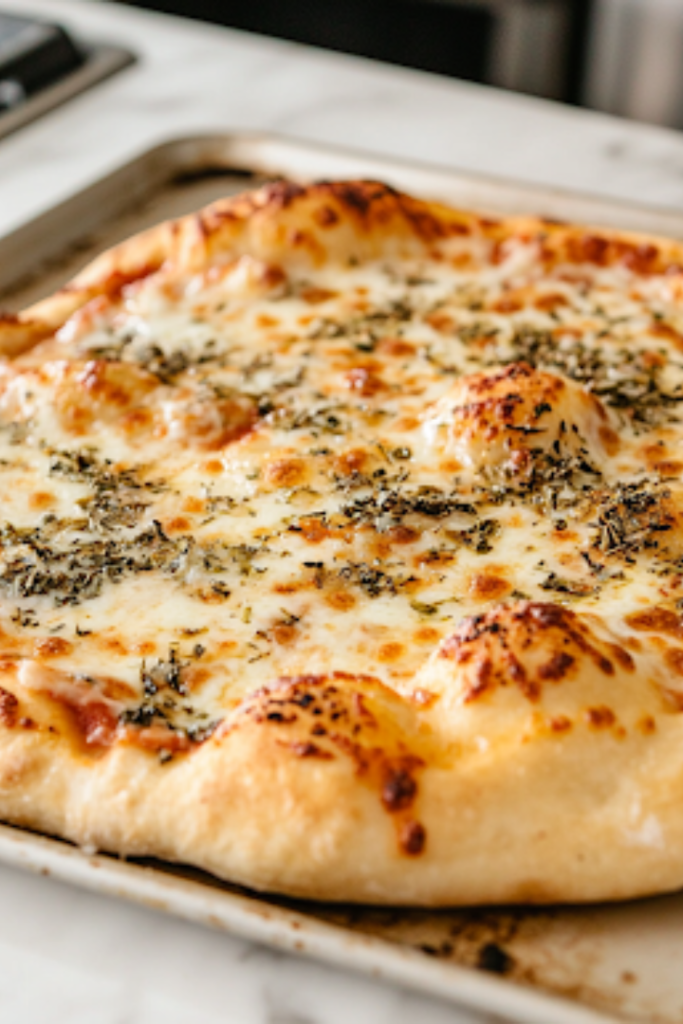 A close-up of a freshly baked golden-brown pizza on a baking sheet over the white marble cooktop. The crust is crisp and bubbly, with melted cheese and toppings glistening, ready to be sliced and served.