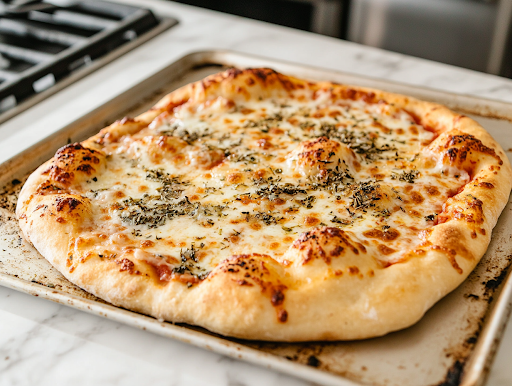 A close-up of a freshly baked golden-brown pizza on a baking sheet over the white marble cooktop. The crust is crisp and bubbly, with melted cheese and toppings glistening, ready to be sliced and served.