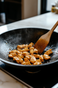 A black wok on a white marble cooktop where marinated chicken strips sizzle in hot vegetable oil. The chicken turns golden as it is stir-fried with a wooden spatula, developing a rich, savory aroma.
