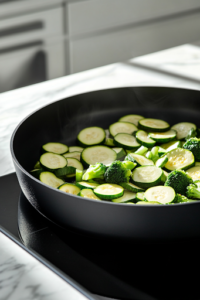 A close-up shot of a black skillet on the white marble cooktop, filled with vibrant zucchini rounds, green bell pepper squares, and bright green broccoli florets. The vegetables are glistening and slightly charred, showing their crisp-tender texture as they stir-fry.