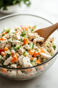 A close-up shot of a wooden spoon stirring the creamy chicken salad mixture in a glass bowl on a white marble cooktop, ensuring all ingredients are evenly combined and well-coated in the dressing.