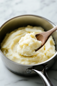 A close-up shot of a medium saucepan on the white marble cooktop, where instant mashed potatoes are being stirred. The mixture is creamy and smooth, with a wooden spoon lifting a scoop to showcase its perfect fluffy consistency.