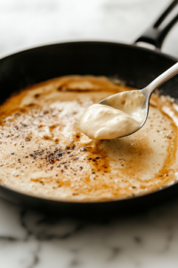 A close-up shot of a black skillet on a white marble cooktop, where creamy crème fraîche is being stirred into the simmering sauce. A spoon lifts some of the velvety sauce, showcasing its rich, luscious texture as it blends seamlessly with the broth.