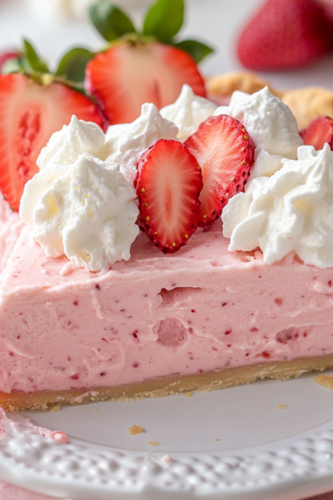 A frozen strawberry icebox pie on a decorative serving plate, garnished with dollops of whipped cream and fresh strawberry slices. A slice is cut, revealing the creamy pink filling against the golden crust. The background is softly blurred with fresh berries and mint leaves.