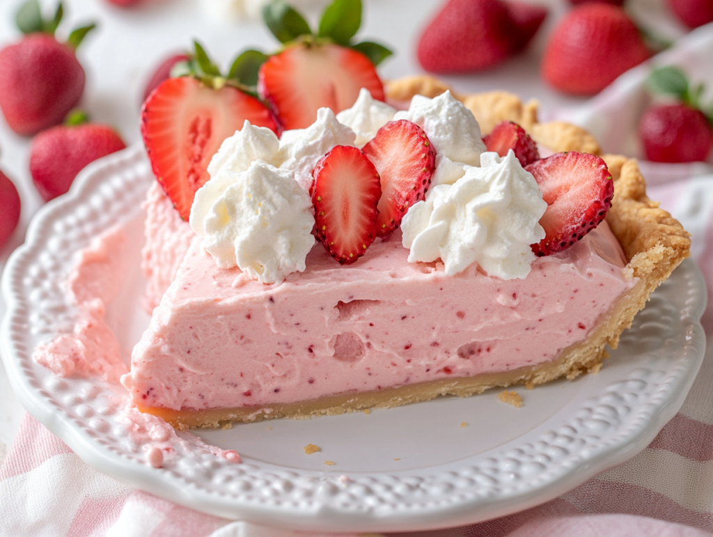 A frozen strawberry icebox pie on a decorative serving plate, garnished with dollops of whipped cream and fresh strawberry slices. A slice is cut, revealing the creamy pink filling against the golden crust. The background is softly blurred with fresh berries and mint leaves.