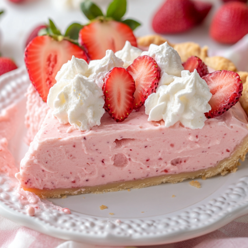 A frozen strawberry icebox pie on a decorative serving plate, garnished with dollops of whipped cream and fresh strawberry slices. A slice is cut, revealing the creamy pink filling against the golden crust. The background is softly blurred with fresh berries and mint leaves.