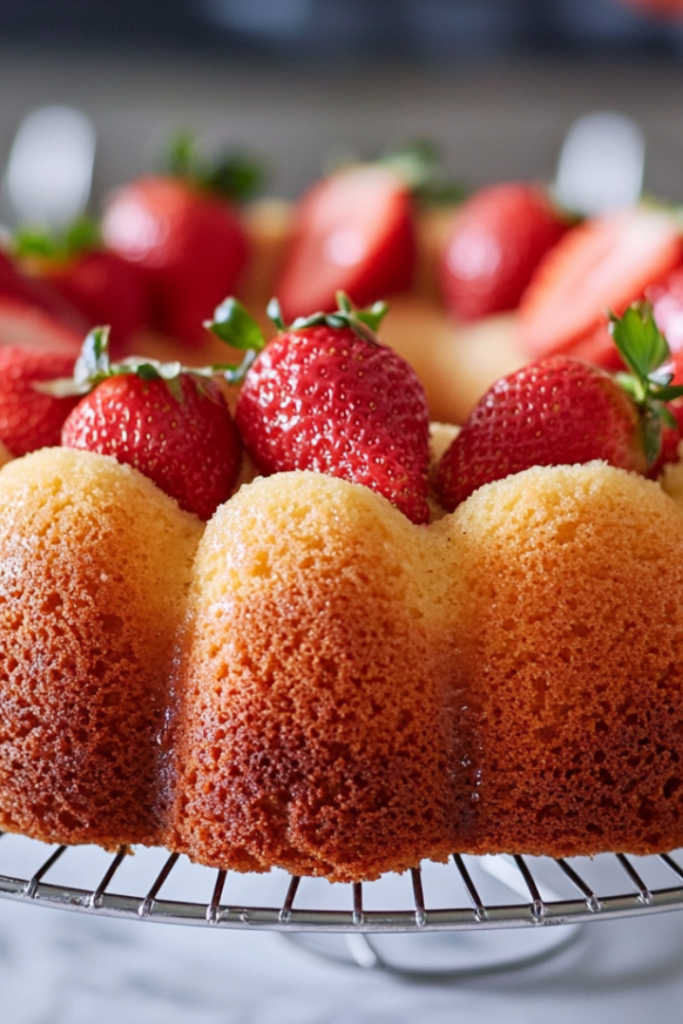 The strawberry cream cheese pound cake cools on a wire rack over the white marble cooktop. A knife is gently loosening the edges before the cake is inverted and ready to serve.