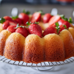 The strawberry cream cheese pound cake cools on a wire rack over the white marble cooktop. A knife is gently loosening the edges before the cake is inverted and ready to serve.