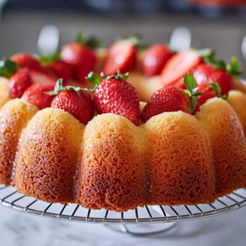 The strawberry cream cheese pound cake cools on a wire rack over the white marble cooktop. A knife is gently loosening the edges before the cake is inverted and ready to serve.