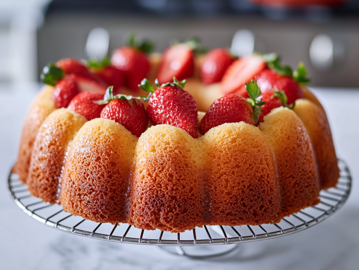 The strawberry cream cheese pound cake cools on a wire rack over the white marble cooktop. A knife is gently loosening the edges before the cake is inverted and ready to serve.