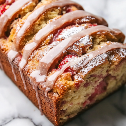 A cooled strawberry rhubarb loaf on a white marble cooktop, as a spoon drizzles a glossy powdered sugar glaze over the top. The glaze slowly sets, ready to be sliced and served.
