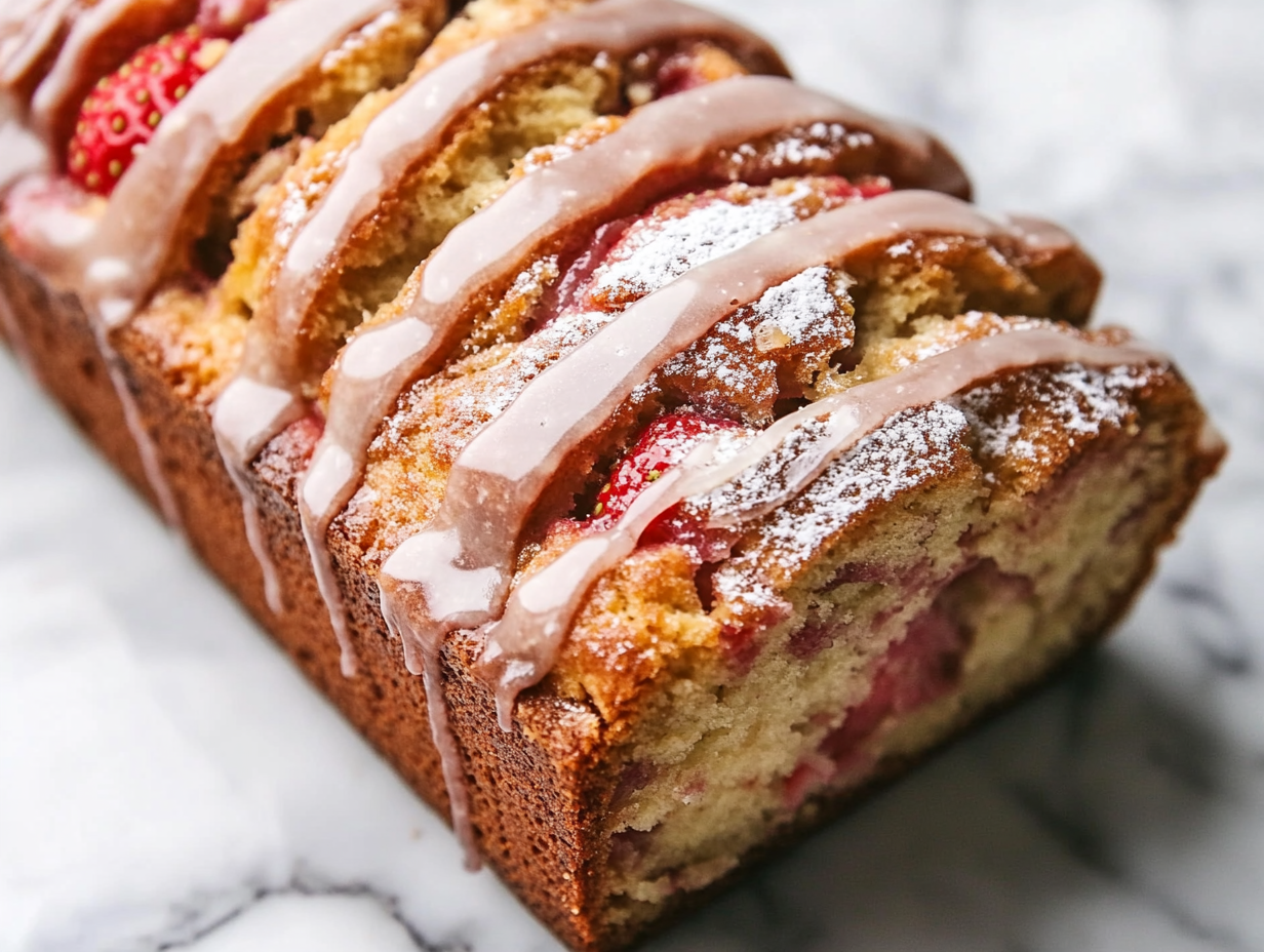 A cooled strawberry rhubarb loaf on a white marble cooktop, as a spoon drizzles a glossy powdered sugar glaze over the top. The glaze slowly sets, ready to be sliced and served.