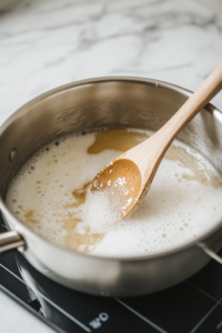 A close-up shot of a heavy-bottomed stainless steel saucepan on a white marble cooktop, with sugar, water, and corn syrup being stirred using a wooden spoon. The mixture starts to dissolve, becoming smooth and glossy.