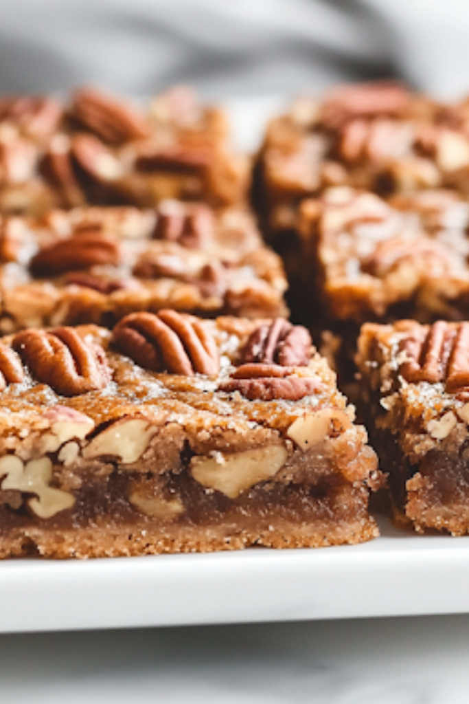 A close-up shot of freshly sliced Sweet Alabama Pecan Bars resting on a wooden cutting board placed on the white marble cooktop. The bars are golden brown with crunchy pecans on top, ready to be enjoyed warm or at room temperature.