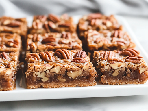 A close-up shot of freshly sliced Sweet Alabama Pecan Bars resting on a wooden cutting board placed on the white marble cooktop. The bars are golden brown with crunchy pecans on top, ready to be enjoyed warm or at room temperature.