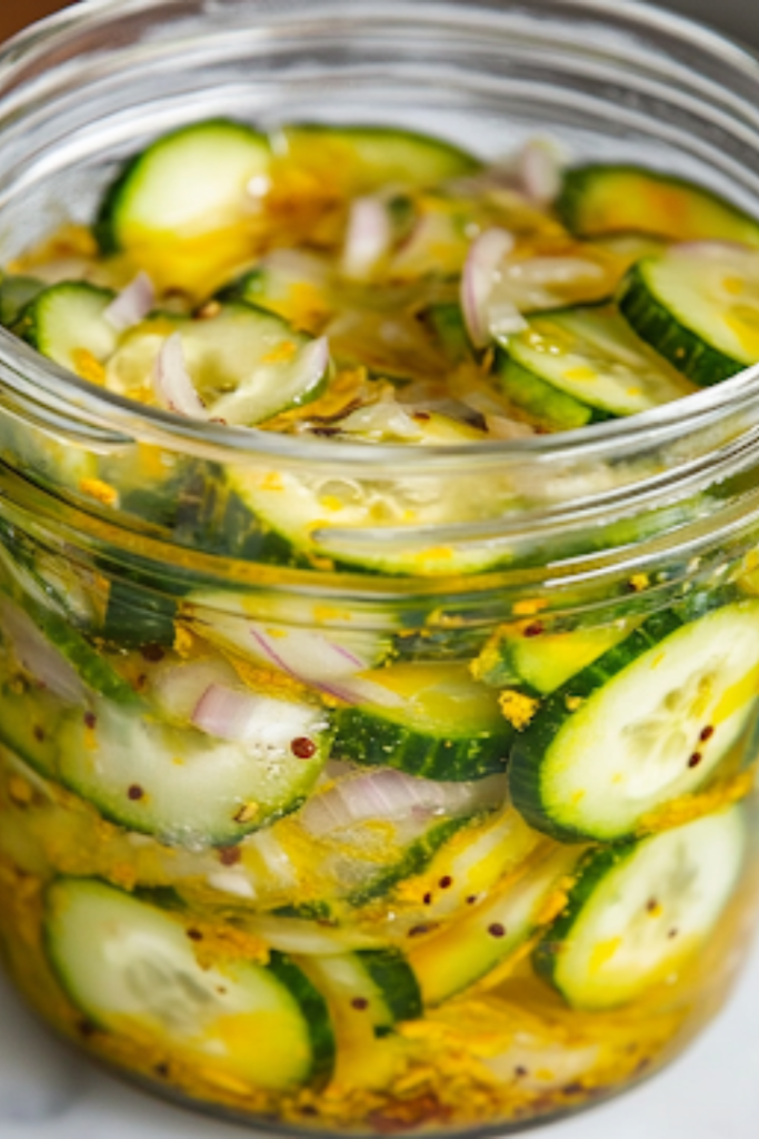 Sealed glass jars filled with freshly made sweet pickles, resting on the white marble cooktop. Condensation is visible inside the jars, showing the freshness of the pickles, which are now ready for refrigeration and storage.