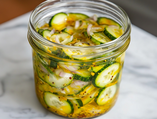 Sealed glass jars filled with freshly made sweet pickles, resting on the white marble cooktop. Condensation is visible inside the jars, showing the freshness of the pickles, which are now ready for refrigeration and storage.