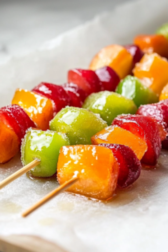 A close-up shot of a completed Candied Fruit Skewer being lifted from the parchment paper on the white marble cooktop. The glossy sugar shell glistens under the light, cracking slightly as it's ready to be enjoyed, revealing the fresh, juicy fruit inside.