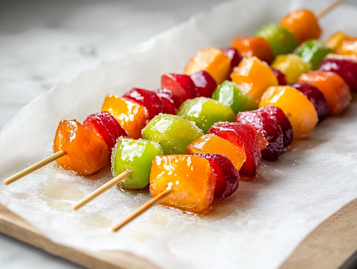 A close-up shot of a completed Candied Fruit Skewer being lifted from the parchment paper on the white marble cooktop. The glossy sugar shell glistens under the light, cracking slightly as it's ready to be enjoyed, revealing the fresh, juicy fruit inside.