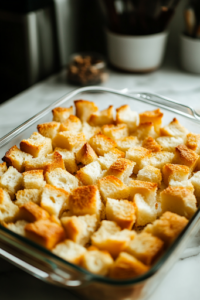 A close-up shot of a greased 9×13-inch glass baking dish resting on the white marble cooktop, carefully layered with golden, toasted bread cubes. The crisp pieces are evenly arranged, forming the base of the casserole, ready to absorb the rich egg mixture.