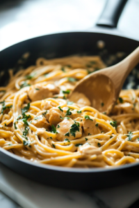 A black skillet on a white marble cooktop contains the cooked bucatini pasta and tender tikka chicken, tossed together in the creamy butter sauce. A wooden spoon gently mixes everything, ensuring each strand is coated.