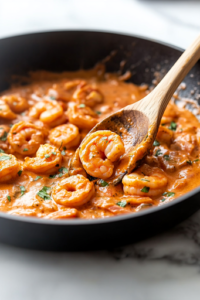 A black skillet on a white marble cooktop as cooked mezzi rigatoni is tossed into the creamy tomato basil sauce. A wooden spoon stirs the pasta, ensuring each piece is coated in the flavorful sauce.