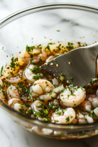 A glass mixing bowl on the white marble cooktop with cooled shrimp and thinly sliced shallots being added to the marinade. A spatula is gently folding everything together, coating the shrimp evenly.