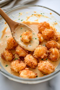 Crispy fried shrimp being tossed in the creamy honey sauce inside a glass mixing bowl on a white marble cooktop. A wooden spoon gently folds the shrimp, ensuring each piece is evenly coated with the luscious, sweet, and tangy glaze.