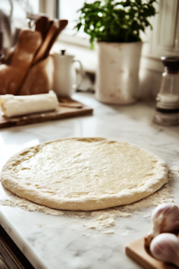 A close-up of a pizza stone on the white marble cooktop, as the rolled-out pizza dough is carefully transferred onto it. The surface is lightly floured, ensuring a crisp and even bake.