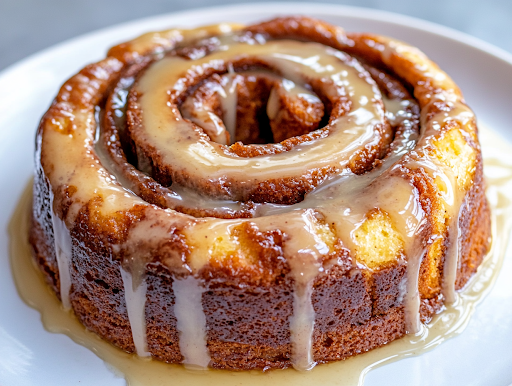 A close-up view of a warm cinnamon roll cake being drizzled with a rich vanilla glaze from a spoon. The glaze cascades down the cinnamon swirls, creating a glossy, sweet finish that enhances the cake’s soft and fluffy texture.