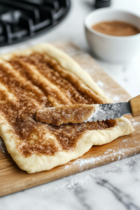 A close-up of a wooden cutting board on a white marble cooktop, showing a butter knife evenly spreading the dark, aromatic cinnamon-sugar mixture over half of each crescent dough rectangle. The contrast between the golden dough and rich filling enhances the visual appeal.