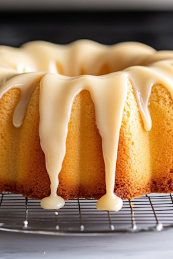 A close-up shot of a freshly baked golden Bundt cake resting on a wire rack over the white marble cooktop, as warm caramel glaze is drizzled over the top. The glaze cascades down the ridges, adding a sweet and glossy finish to the cake.