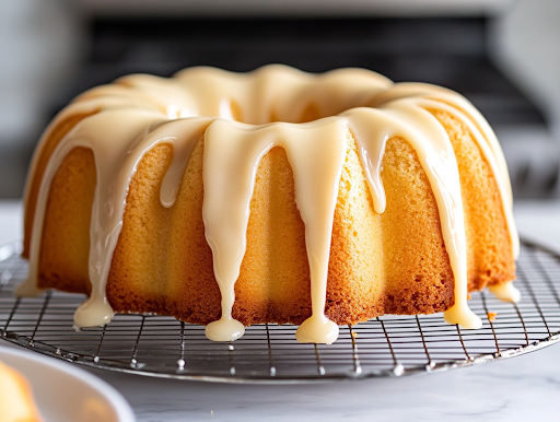 A close-up shot of a freshly baked golden Bundt cake resting on a wire rack over the white marble cooktop, as warm caramel glaze is drizzled over the top. The glaze cascades down the ridges, adding a sweet and glossy finish to the cake.