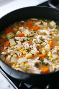 A close-up shot of the black pot on a white marble cooktop, now brimming with shredded chicken, chopped carrots, sweet corn, and diced potatoes. The soup simmers, allowing the vegetables to soften and blend beautifully with the rich broth
