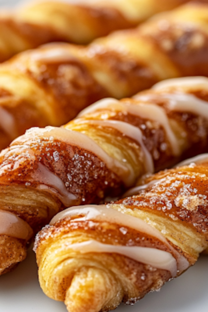 A close-up of warm cinnamon sugar crescent twists elegantly arranged on a white serving plate, drizzled with smooth almond glaze. The glaze glistens under the light, enhancing the golden-brown, flaky pastry layers with an irresistible shine.