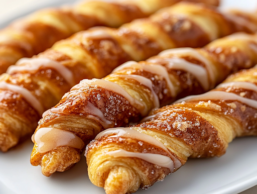 A close-up of warm cinnamon sugar crescent twists elegantly arranged on a white serving plate, drizzled with smooth almond glaze. The glaze glistens under the light, enhancing the golden-brown, flaky pastry layers with an irresistible shine.