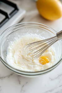 A glass bowl on the white marble cooktop contains egg whites whisked to a frothy consistency, with a pinch of salt added for seasoning. A whisk is partially submerged in the bowl, mid-motion, preparing the mixture for the chicken coating process.
