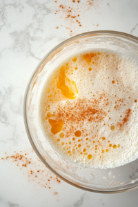 A glass mixing bowl on a white marble cooktop filled with whisked eggs, with a fork resting on its side, ready for dipping. Beside it, another glass bowl contains a dry mixture of flour, cornstarch, salt, pepper, garlic salt, and paprika, evenly combined for coating the chicken.