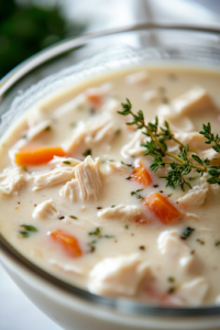 A glass mixing bowl on the white marble cooktop contains creamy condensed chicken soup and milk, whisked together into a smooth, velvety sauce for drizzling over the rolls.