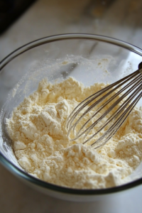 A close-up of a glass mixing bowl on a white marble cooktop, filled with all-purpose flour, baking soda, and salt. A metal whisk rests on the side after thoroughly combining the dry ingredients, ensuring an even texture for the banana bread batter.