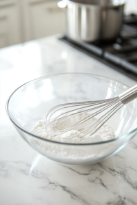 A close-up of a glass mixing bowl on a white marble cooktop, containing all-purpose flour, white sugar, baking powder, baking soda, and salt. A metal whisk rests on the side after thoroughly combining the dry ingredients to ensure even texture for the pancake batter.