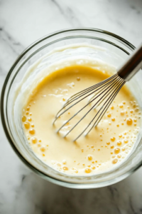 A close-up shot of a glass mixing bowl placed on a white marble cooktop, filled with beaten eggs, half-and-half, and salt. A metal whisk is actively blending the ingredients, creating a smooth, creamy, and well-incorporated mixture ready to be poured over the casserole.